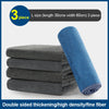 Three gray microfiber car cleaning towels stacked next to a blue towel, showing double-sided thickening and high density.