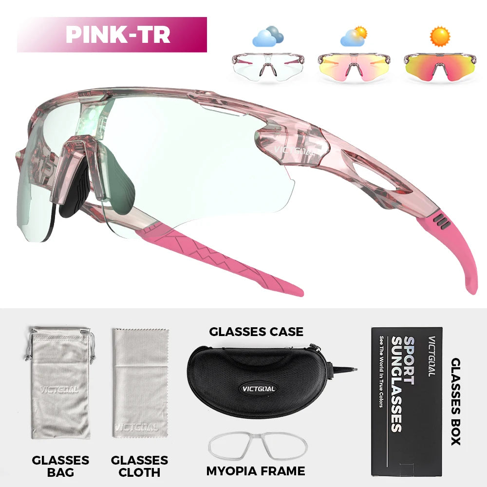 Pink-TR photochromic sports sunglasses with UV400 protection and accessories