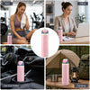 Pink insulated stainless steel thermos mug with straw shown in gym, office, car cup holder, and camping contexts.