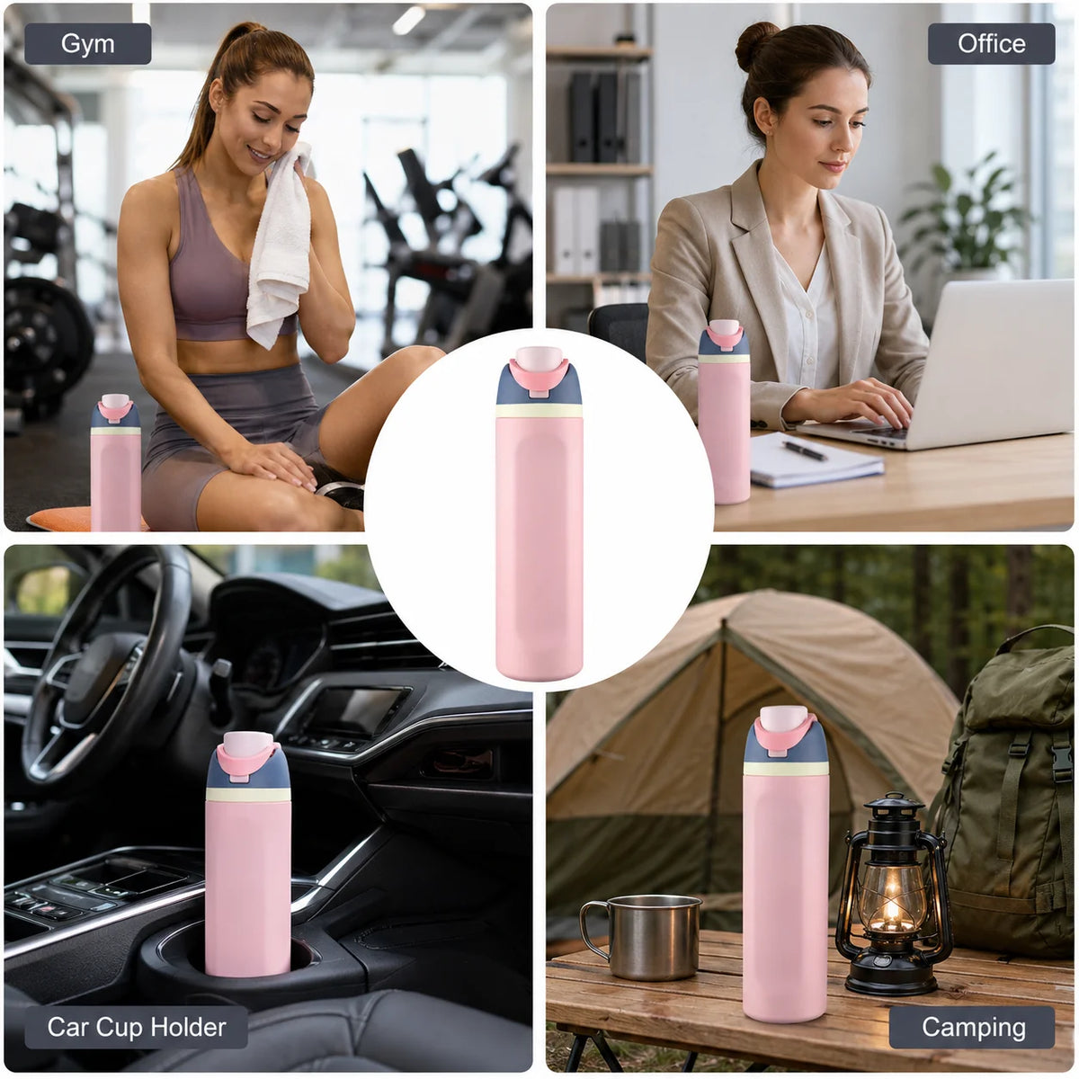 Pink insulated stainless steel thermos mug with straw shown in gym, office, car cup holder, and camping contexts.