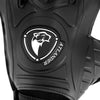Black latex goalkeeper gloves with a white leather patch featuring a stylized lion head logo