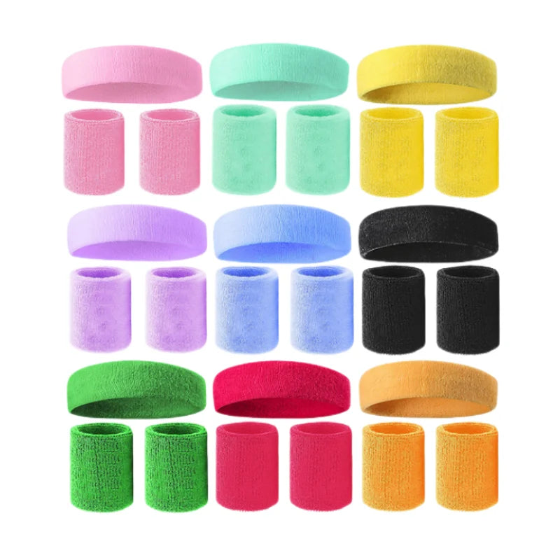 A multi-pack of colorful sports headbands in various shades including pink, green, yellow, and purple.