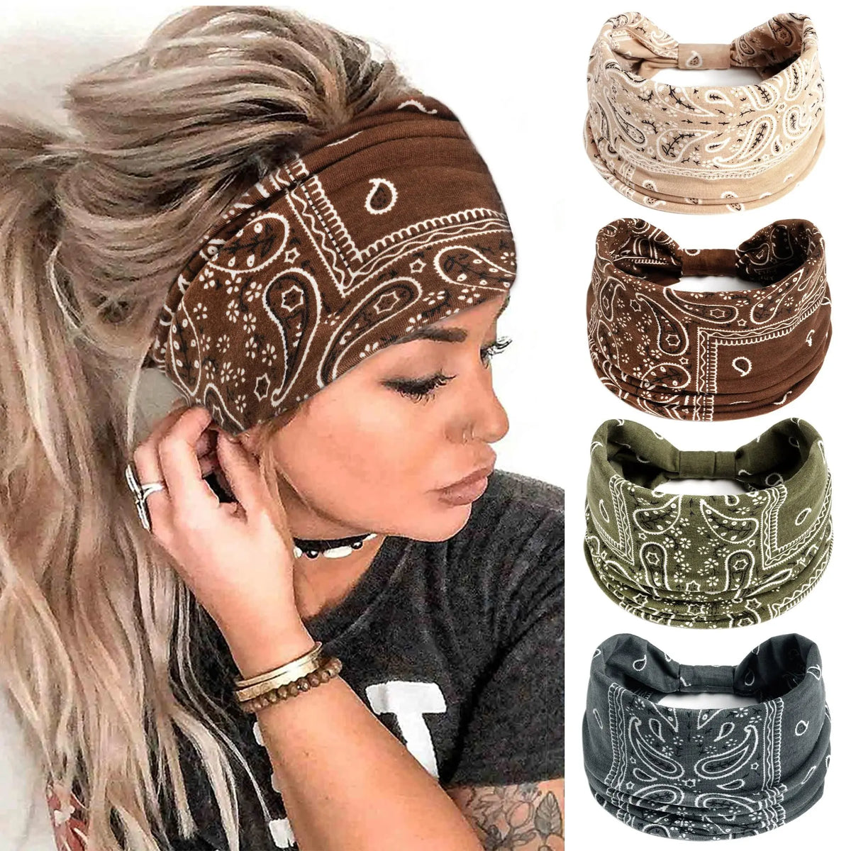 A woman wearing a brown boho print cotton headband on her hair, with several variations of the headband shown.