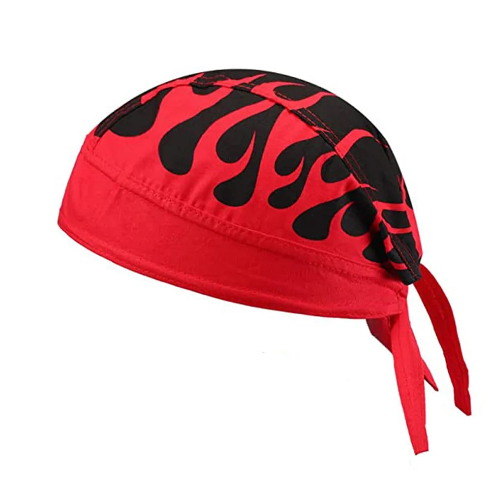 Diadema de pirata calavera de ciclismo roja y negra con patrones de llama