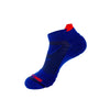 A blue athletic ankle sock with a red accent, shown from the side.