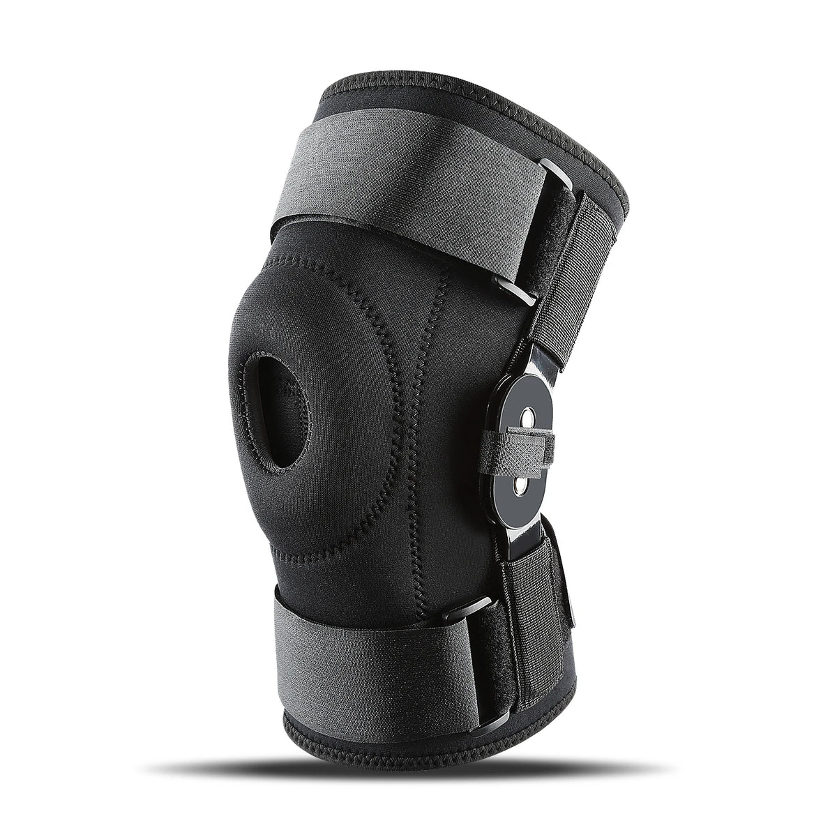 Black adjustable knee pad with dual stabilizer for joint support