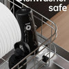 A black insulated stainless steel sports water bottle with a magnetic lid is stored in a metal dishwasher safe rack.
