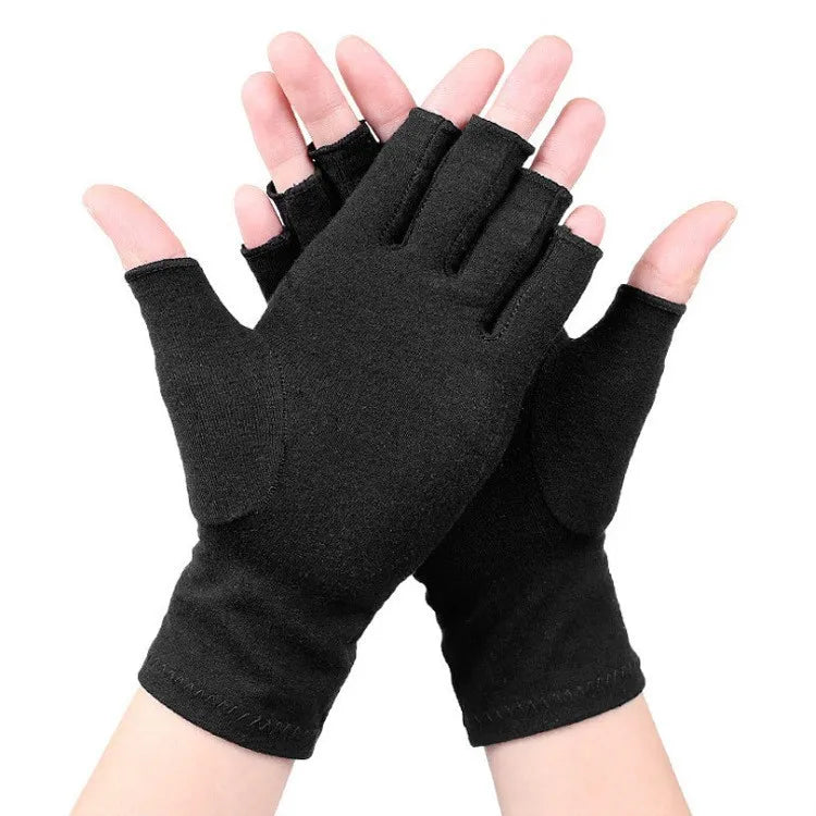 Black fingerless breathable gloves worn on a hand, showing the palm and fingers.