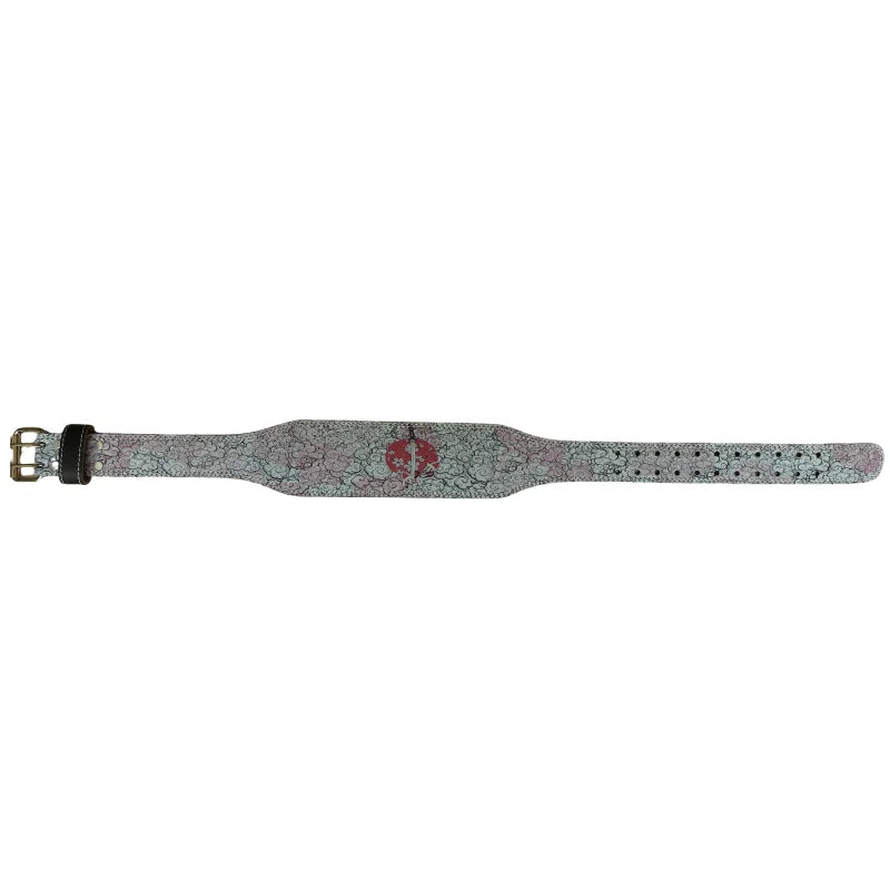 A close-up view of a Samurai sword style weightlifting belt with a textured, mottled green and black pattern.