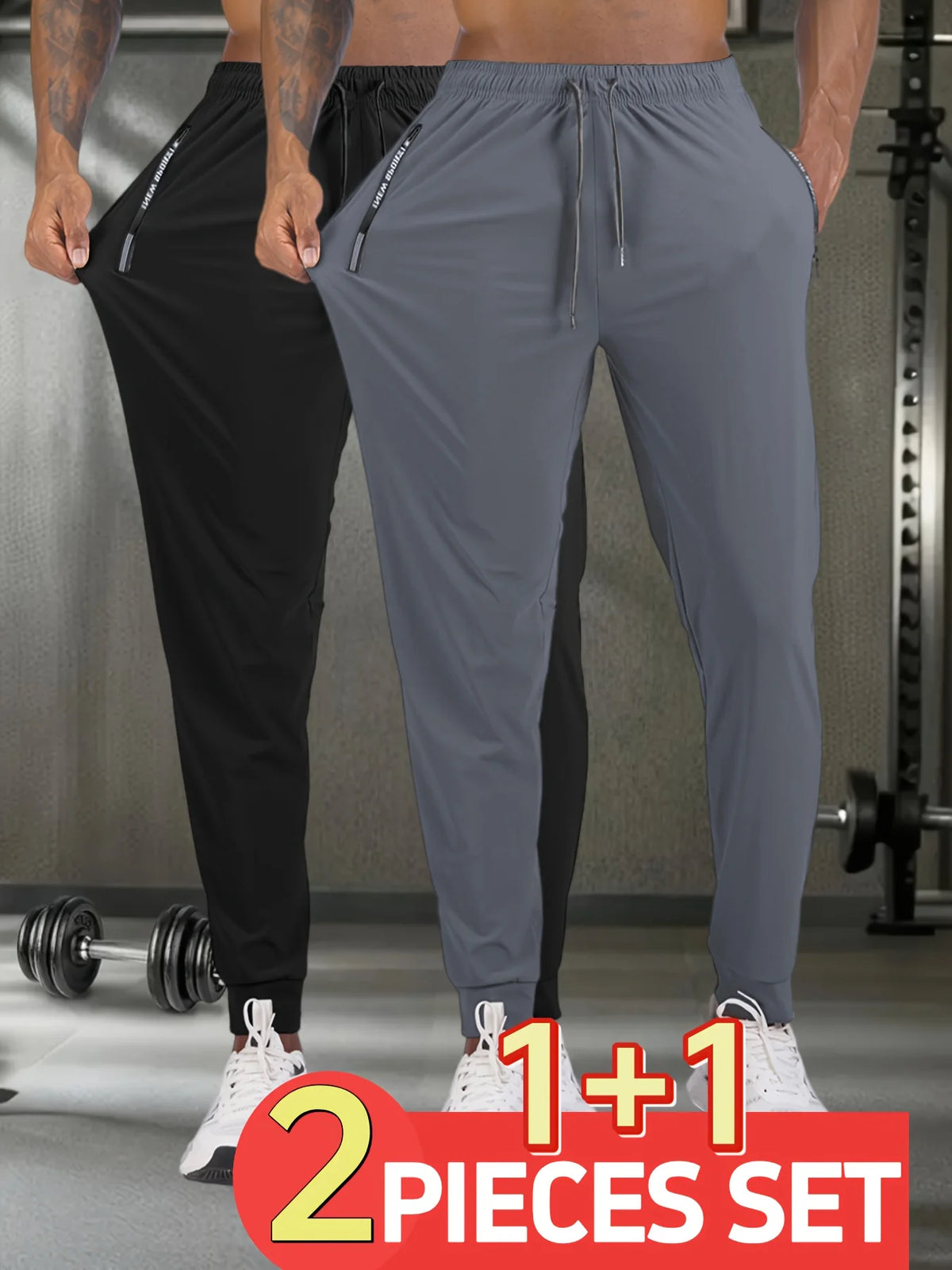 A two-piece set of breathable men's casual jogger pants in gray and black shown on a model.