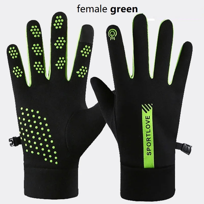 A pair of female green thermal cycling and running gloves shown against a white background.