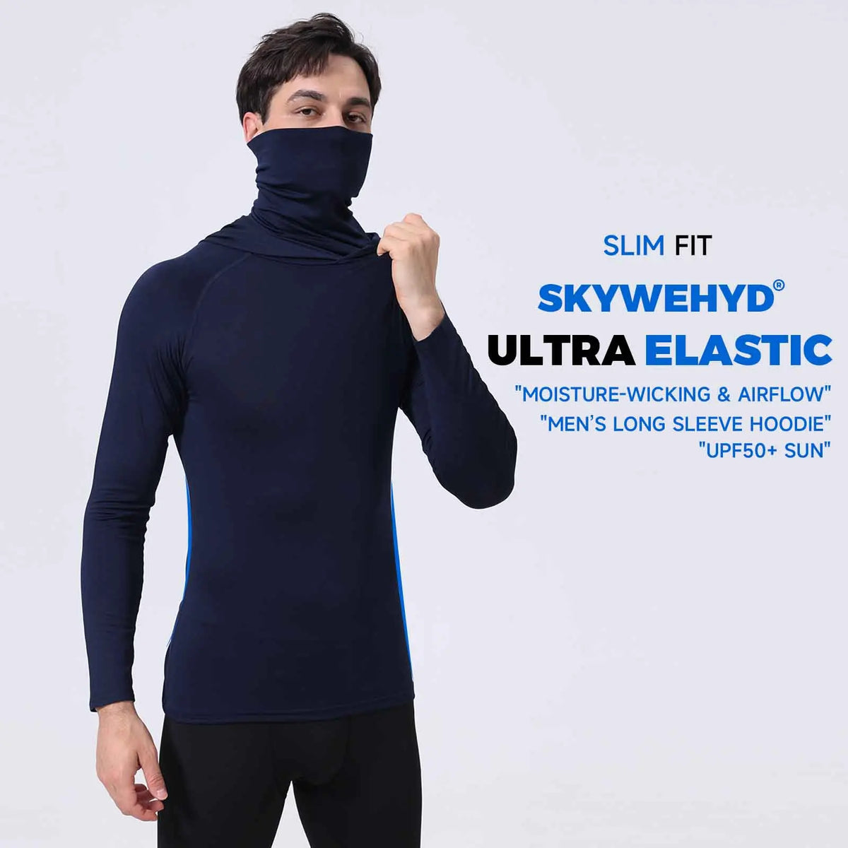 A man wearing a navy blue Slim Fit SkyWehyd Ultra Elastic long sleeve hoodie.