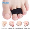 A black orthopedic toe wrap is shown on a foot, illustrating various toe conditions like broken, hammer, overlapping, and cro