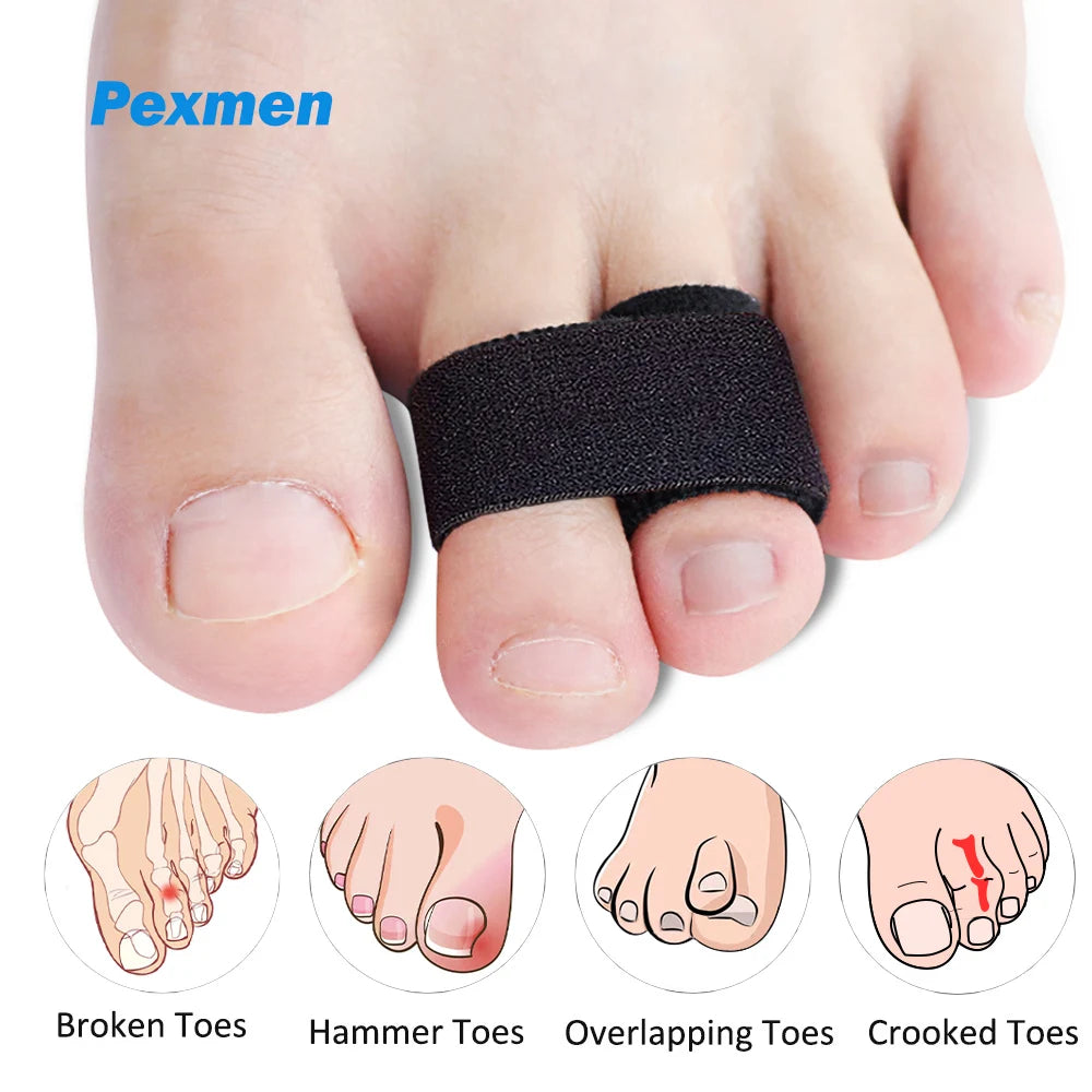 A black orthopedic toe wrap is shown on a foot, illustrating various toe conditions like broken, hammer, overlapping, and cro