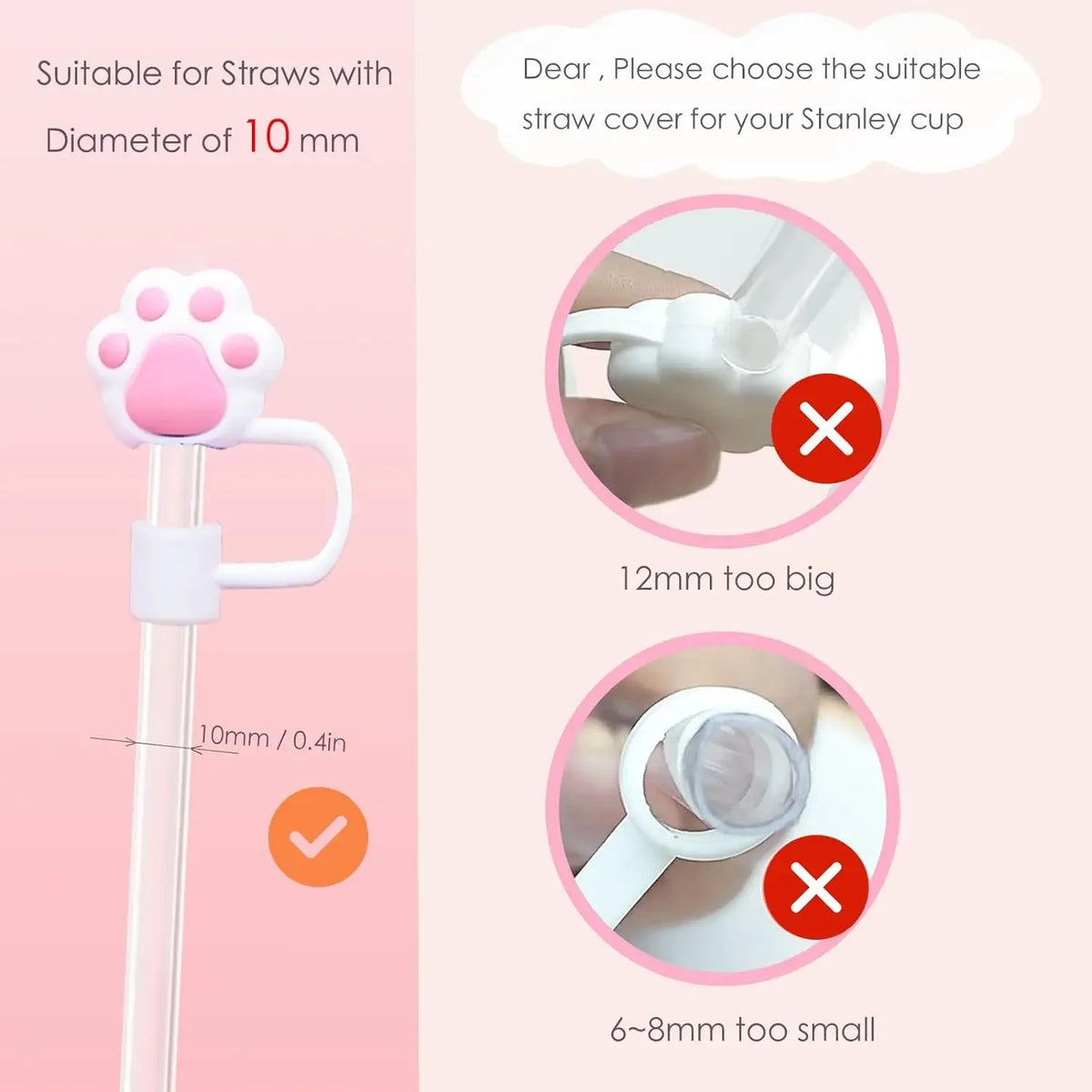 Reusable silicone straw covers for Stanley cups, showing size compatibility guidelines.