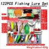 A box containing 122 pieces of fishing lures and accessories, including various colors and types of bait.