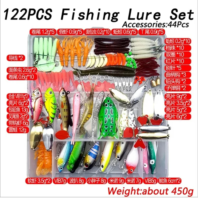 A box containing 122 pieces of fishing lures and accessories, including various colors and types of bait.