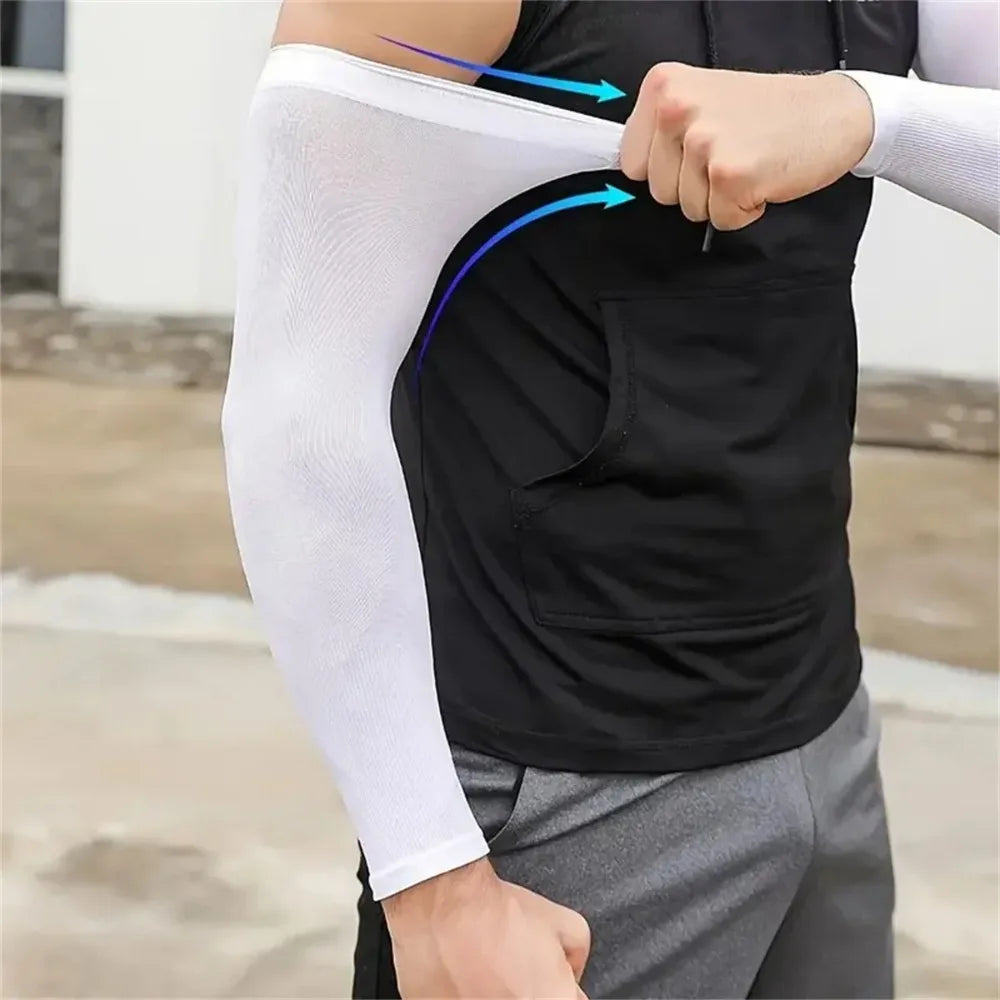 Black compression arm sleeve worn on an arm, showing the UV protection features.