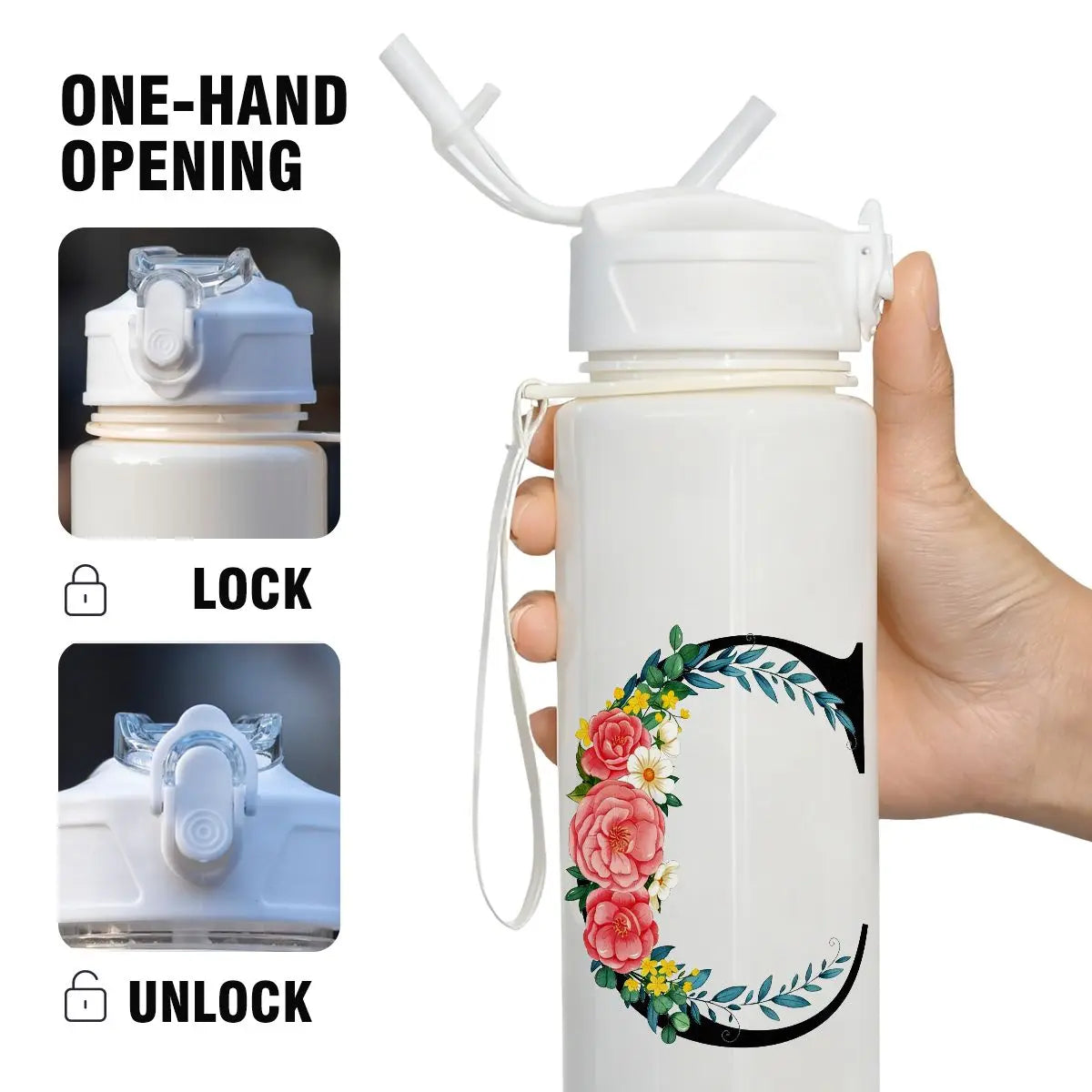 A white insulated straw tumbler with a lock and unlock mechanism is shown being held by a hand.