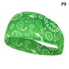 A green patterned elastic sports headband shown from the side.