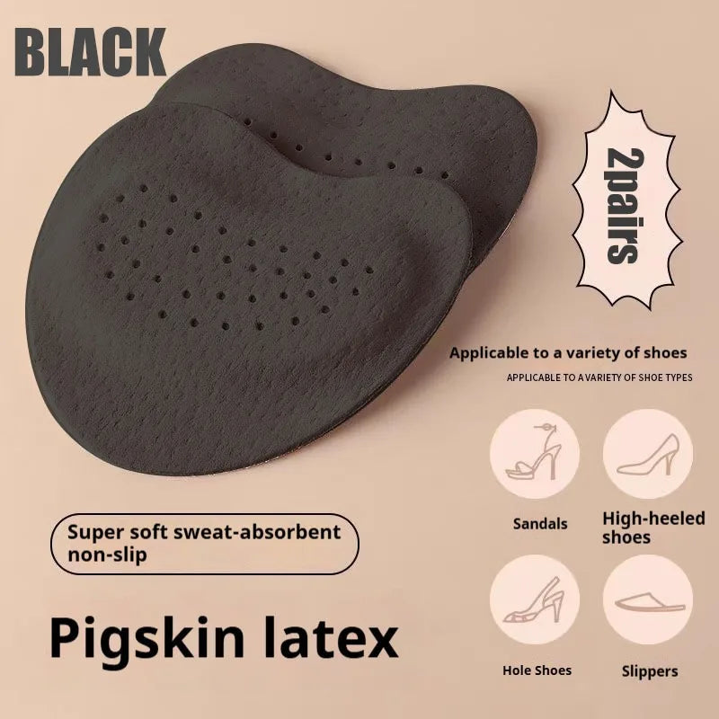 Black pigskin latex anti-slip forefoot pads for various shoes like sandals, heels, and slippers