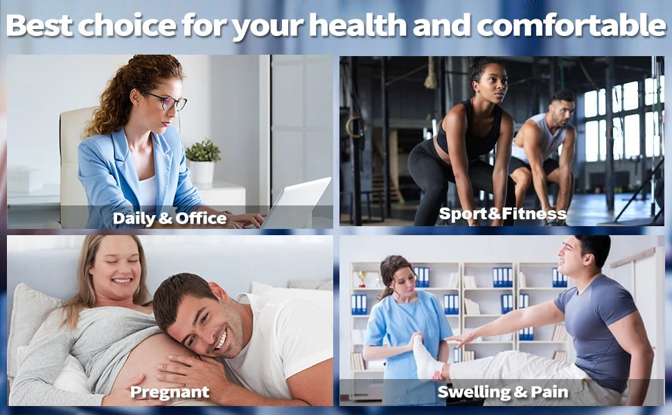 A collage showing people benefiting from medical grade compression socks for leg circulation in daily, fitness, and pregnancy
