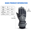 A pair of black waterproof touchscreen ski gloves shown with size specifications.