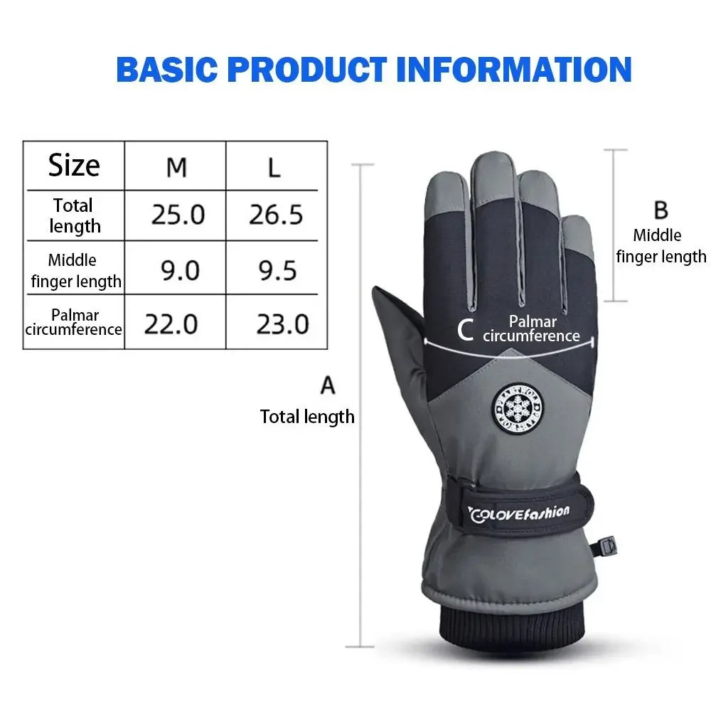 A pair of black waterproof touchscreen ski gloves shown with size specifications.