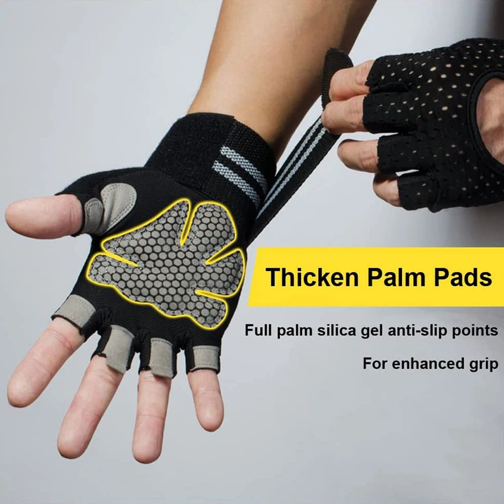 Black hand gloves with silicon palm pads for enhanced grip used by a person.
