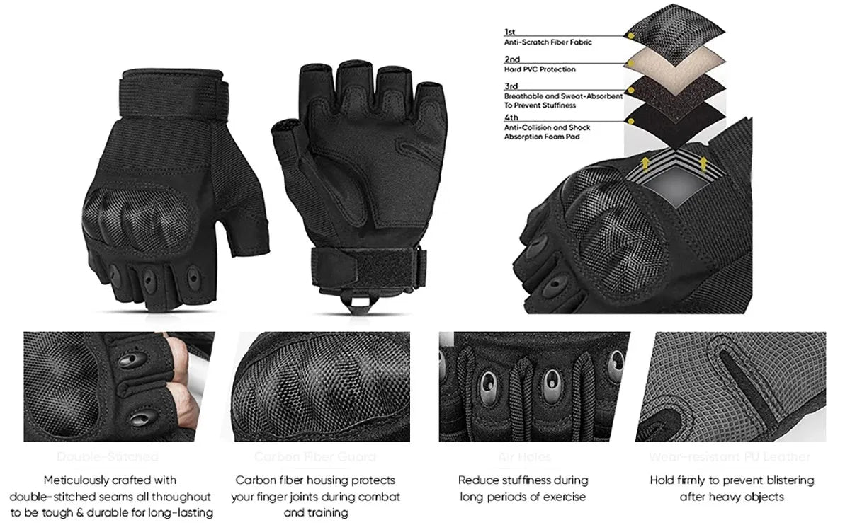 Tactical fingerless gloves shown in various views, detailing features like anti-scratch fabric and shock absorption foam.