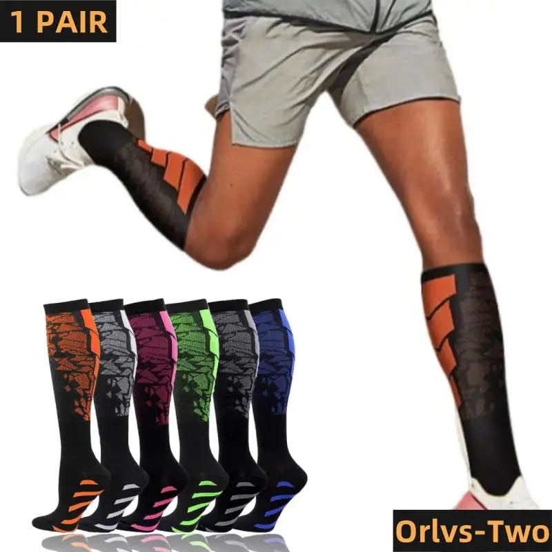 A pair of black sports compression socks worn by a person during physical activity.