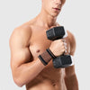 A man is demonstrating a copper compression wrist sleeve for pain relief on his forearm.