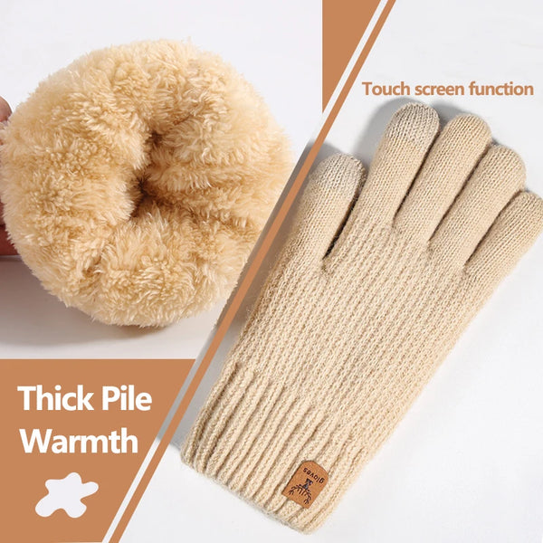 Beige knit thermal gloves with a fluffy pom-pom and touchscreen function