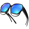 Eine schwarze Sonnenbrille mit blauen polarisierten Linsen und flexiblen Armen.