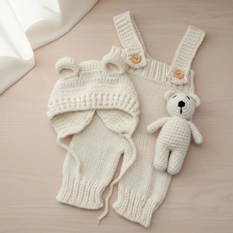 Handgewebtes Set aus cremefarbenen Strick-Requisiten mit Bärenpullover, Handschuhen und einem kleinen Teddybär.
