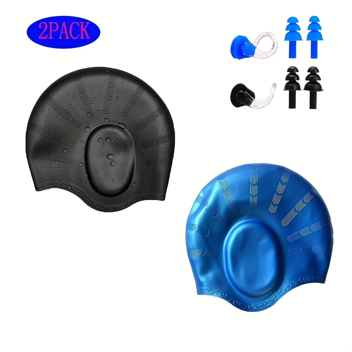 Ein Set aus zwei Silikon-Schwimmhauben, eine schwarz und eine blau, mit verschiedenen Haarschutz-Aufsätzen.
