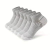 A stack of gray athletic knit ankle socks for men