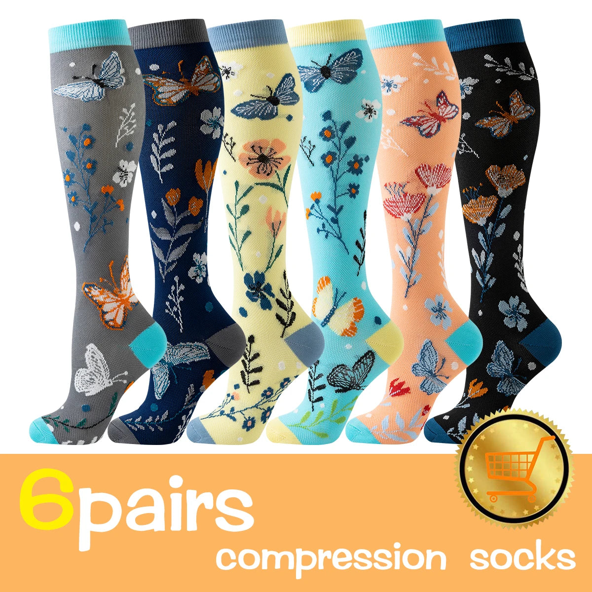 Six pairs of knee-high compression socks featuring various butterfly patterns in blue, orange, and floral designs.
