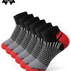 A set of six pairs of red and black athletic knit ankle socks displayed in a row.
