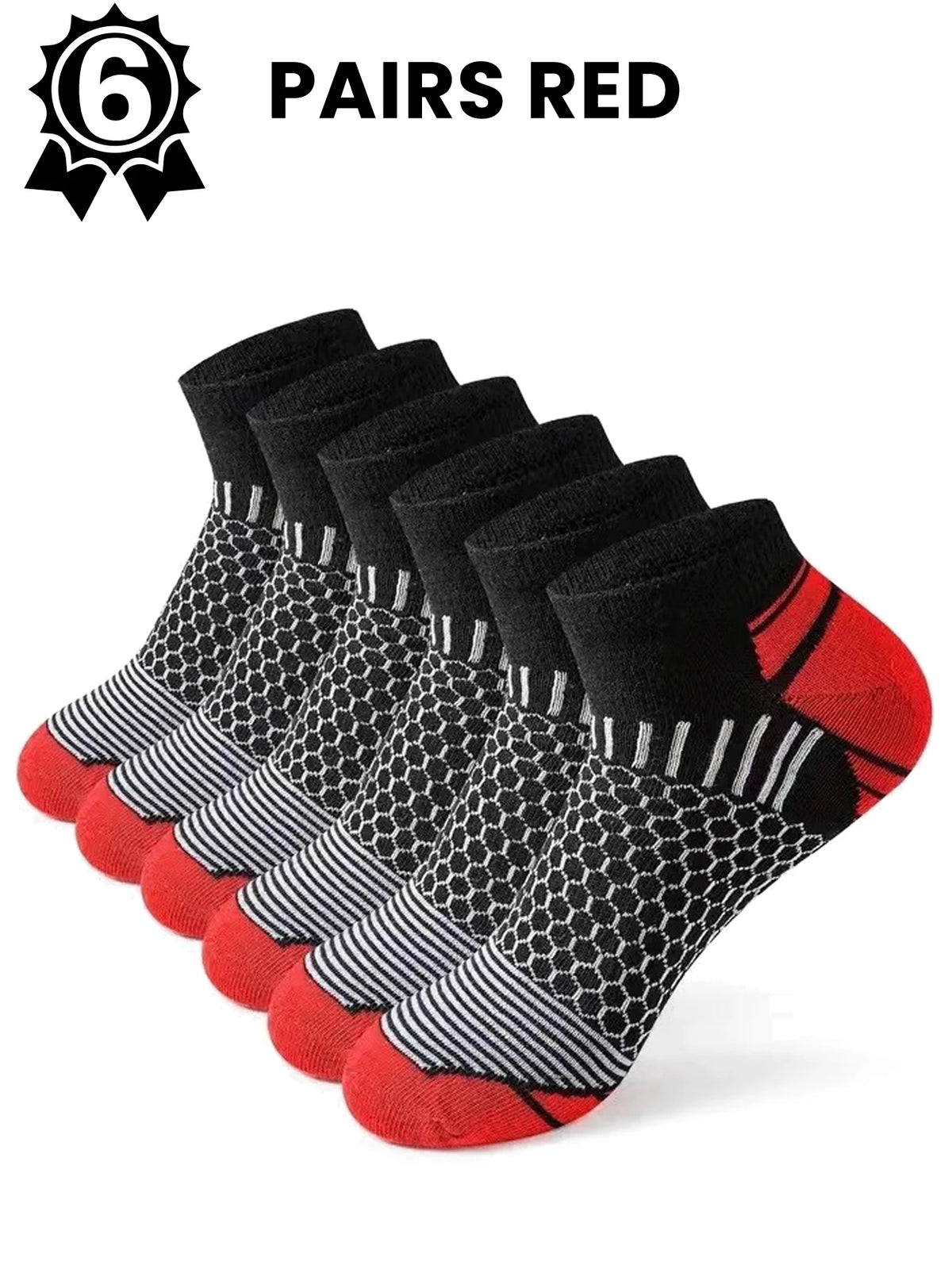 A set of six pairs of red and black athletic knit ankle socks displayed in a row.