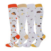 Un ensemble de chaussettes de compression avec différents motifs et des poignets orange/jaunes.
