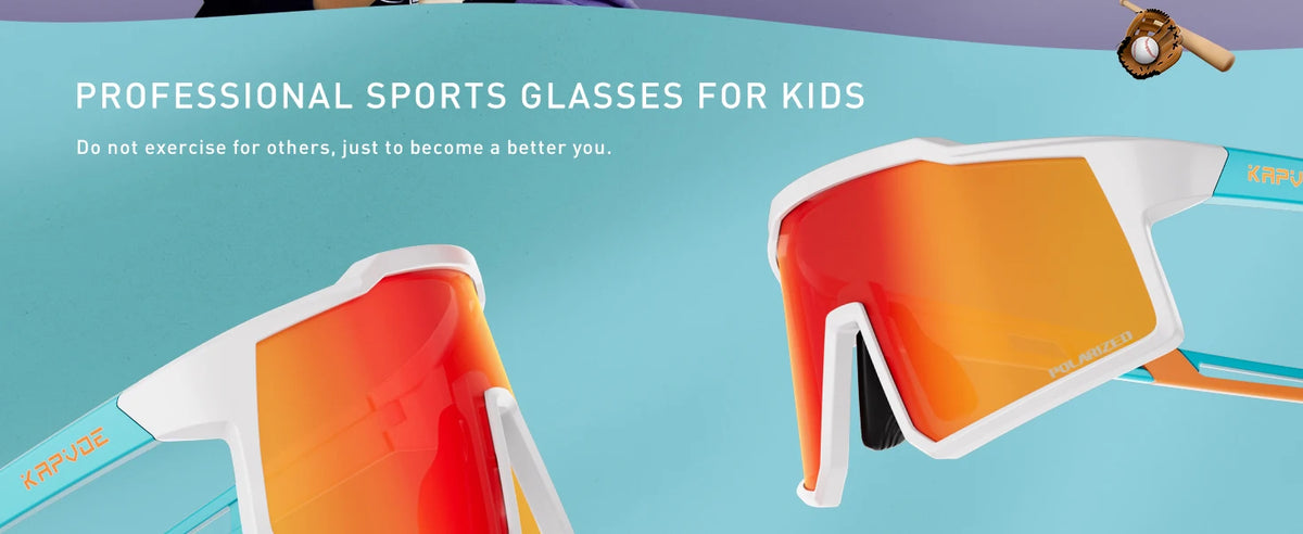 A pair of orange and white polarized sports sunglasses for kids displayed against a light blue background.