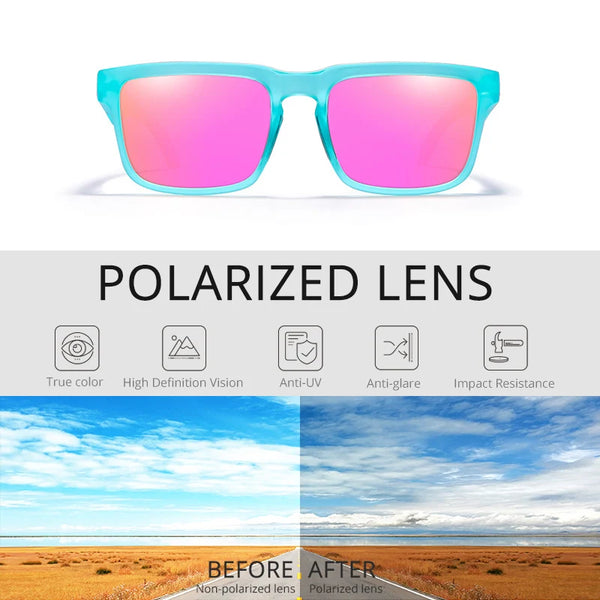 Paar hellblauer polarisierter Sonnenbrille mit pinken Linsen in Vorher-Nachher-Vergleich gezeigt.