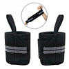 A pair of black heavy duty wrist wraps with silver stripes shown next to an inset photo.