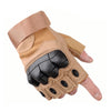 Tactical five-finger gloves in tan color shown on a hand.