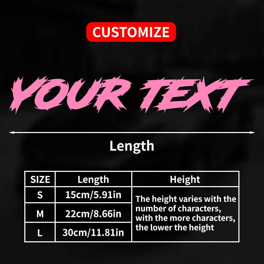Graphique montrant les options de taille pour les autocollants de texte personnalisés, incluant petites, moyennes et grandes 
