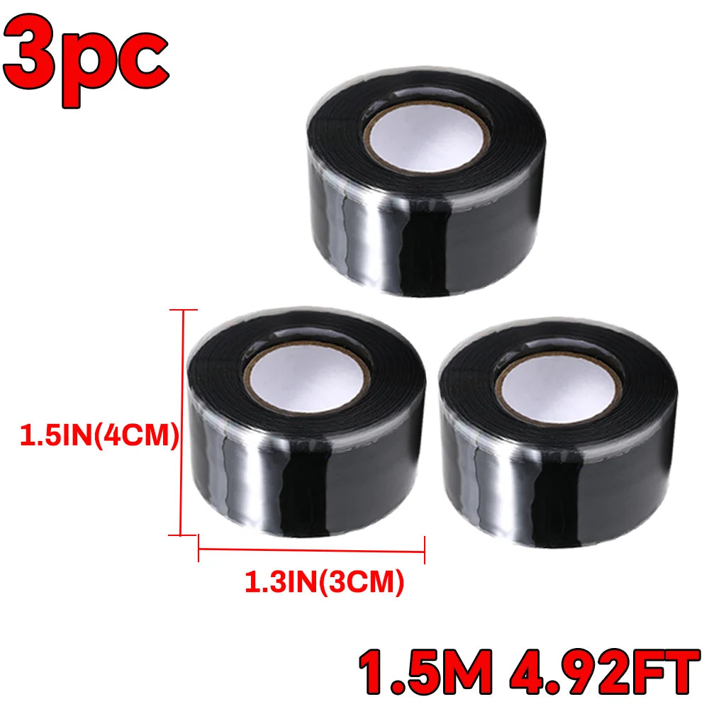 Three rolls of 1.5-inch silicone repair tape, measuring 1.3 inches in diameter and 1.5 meters long.