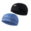 A black cycling cap and a blue cycling cap are shown against a white background.