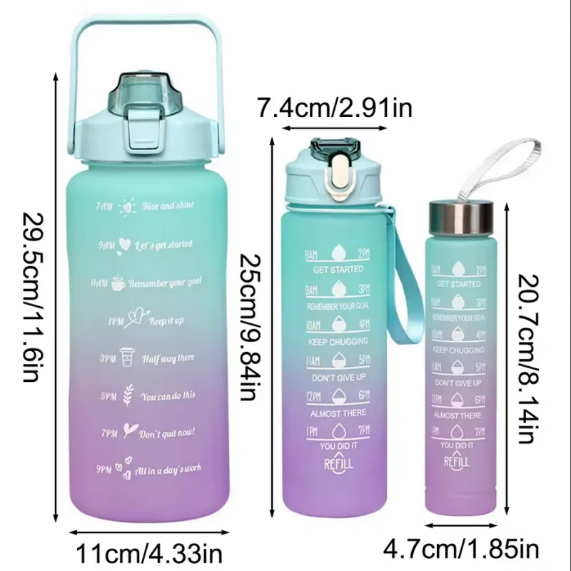 A purple leakproof sports water bottle with a straw and motivational text printed on the body.