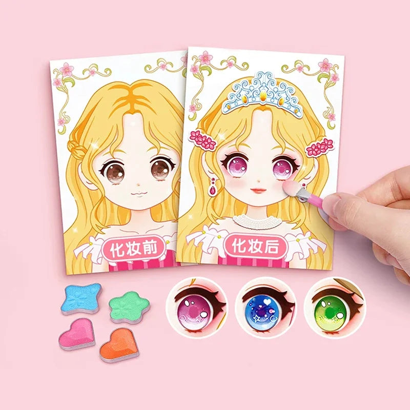 A set of reusable cartoon princess face stickers showing before and after makeup looks on a girl's face.
